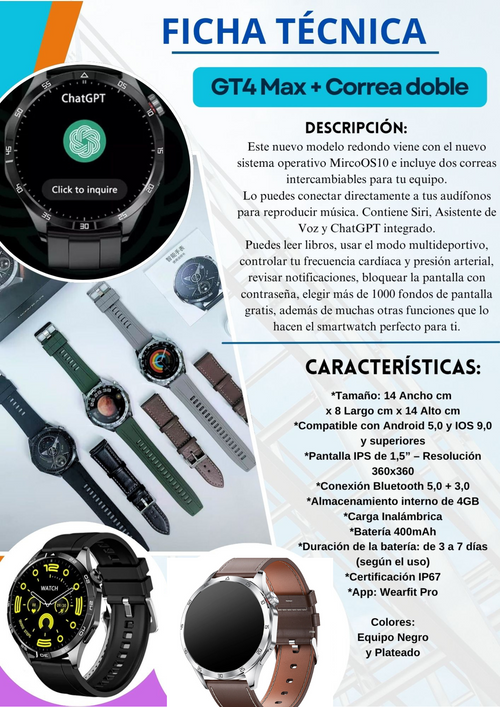 SMARTWATCH GT4 MAX + DOS CORREAS